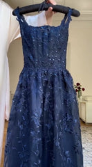 Elegant Navy Blue A-Line Spaghetti Straps Tulle Embroidery Applique Long Prom Dress Evening Dress ED01797