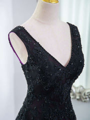 Black Tulle A-Line V-Neck Purple Satin Lace Applique Long Prom Dress With Beadings ED01798