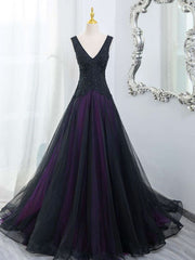 Black Tulle A-Line V-Neck Purple Satin Lace Applique Long Prom Dress With Beadings ED01798