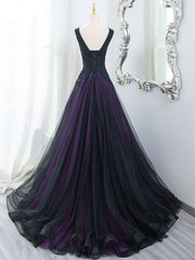 Black Tulle A-Line V-Neck Purple Satin Lace Applique Long Prom Dress With Beadings ED01798