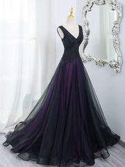 Black Tulle A-Line V-Neck Purple Satin Lace Applique Long Prom Dress With Beadings ED01798