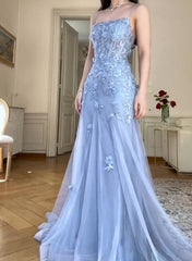Blue Tulle A-Line Spaghetti Strap Appliqué Long Prom Dress Evening Dress ED01799