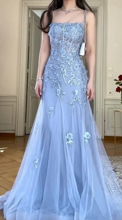 Blue Tulle A-Line Spaghetti Strap Appliqué Long Prom Dress Evening Dress ED01799