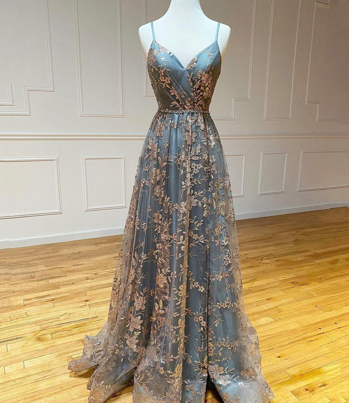 Grey A-Line Spaghetti Strap Tulle Long Prom Dress Sequins Evening Gown with Slits ED01800