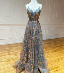 Grey A-Line Spaghetti Strap Tulle Long Prom Dress Sequins Evening Gown with Slits ED01800