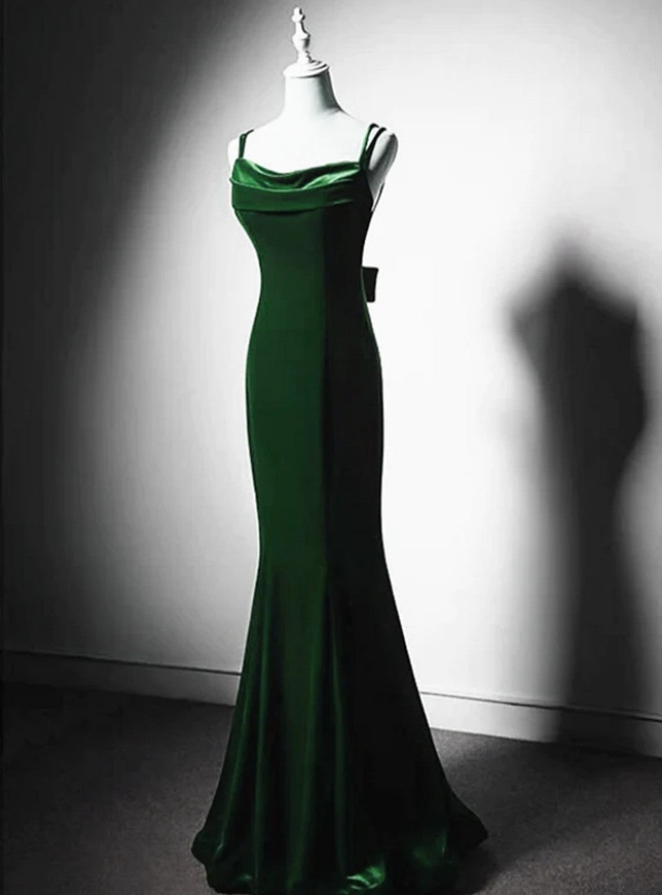 Dark Green Vintage Mermaid Velvet Spaghetti Straps Long Prom Dress ED01803