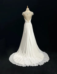 White Elegant A-Line Chiffon V-neck Long Prom Dress with Beading Simple Wedding Dress ED01804