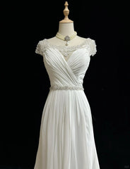 White Elegant A-Line Chiffon V-neck Long Prom Dress with Beading Simple Wedding Dress ED01804