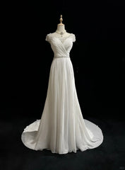 White Elegant A-Line Chiffon V-neck Long Prom Dress with Beading Simple Wedding Dress ED01804