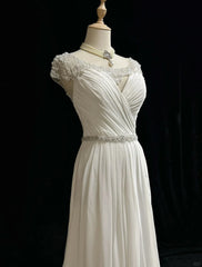White Elegant A-Line Chiffon V-neck Long Prom Dress with Beading Simple Wedding Dress ED01804