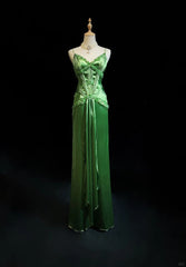Green Spaghetti Strap Sheath Satin Beaded Prom Dress Evening Gown ED01808