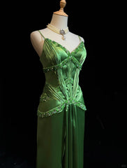 Green Spaghetti Strap Sheath Satin Beaded Prom Dress Evening Gown ED01808
