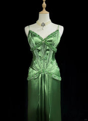 Green Spaghetti Strap Sheath Satin Beaded Prom Dress Evening Gown ED01808