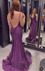 Royal Purple Mermaid Gown 💜Glitter Satin Backless Prom Dress with Slits for Formal Events &Quinceanera ED01809