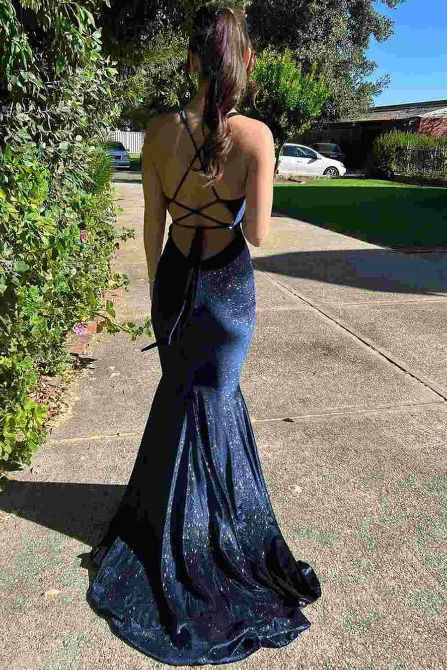 Gorgeous Backless Mermaid V-Neck Sleeveless Velvet Long Prom Dress ED01810