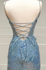 Beautiful Tiffany Blue Spaghetti Straps Tulle Applique Long Prom Dress Sequined Evening Dress with Slits ED01811