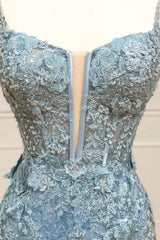 Beautiful Tiffany Blue Spaghetti Straps Tulle Applique Long Prom Dress Sequined Evening Dress with Slits ED01811