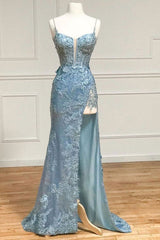 Beautiful Tiffany Blue Spaghetti Straps Tulle Applique Long Prom Dress Sequined Evening Dress with Slits ED01811