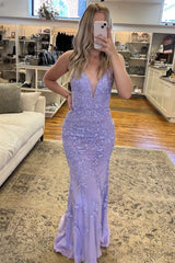 Elegant Lilac Mermaid V-neck Applique Long Prom Dress Sequined Evening Dress ED01812