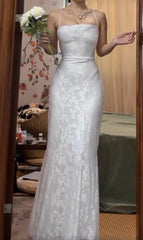 White Elegant Spaghetti Strap Mermaid Long Prom Dress Simple Wedding Party Dress ED01814