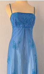 Gorgeous Spaghetti Straps Vintage Beading Applique Gradient Blue Sleeveless Long Graduation Prom Dress  Birthday Dress ED01816