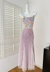 Purple Sweet Lace Applique Spaghetti Strap Mermaid Sleeveless Long Birthday Prom Dress Adult Ceremony Graduation Prom Dress ED01817