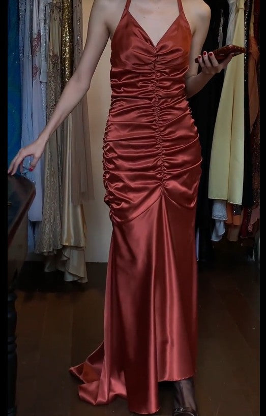 Rust Red Vintage Halter Mermaid Satin Long Backless Prom Dress Sleeveless Party Dress ED01818
