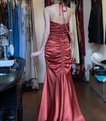 Rust Red Vintage Halter Mermaid Satin Long Backless Prom Dress Sleeveless Party Dress ED01818