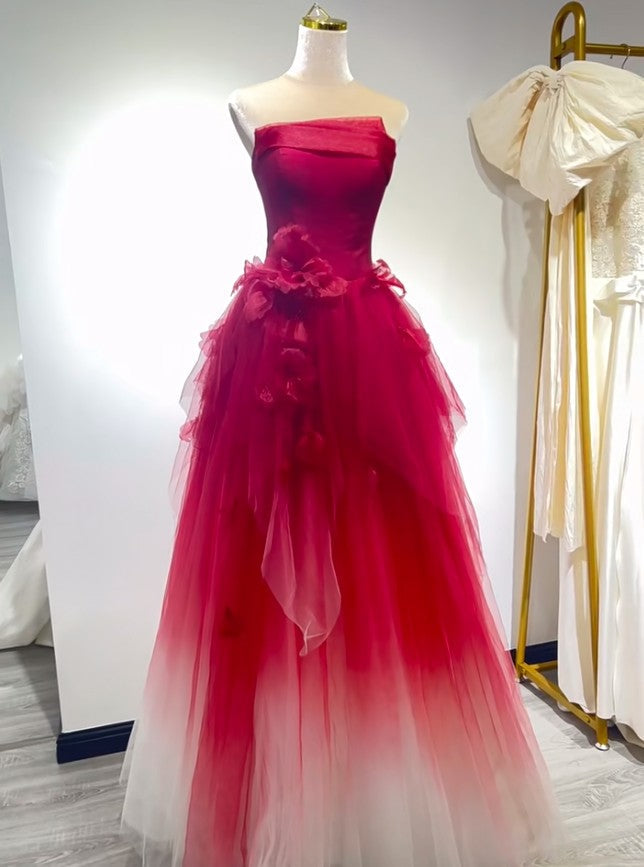 Cute Gradient Tulle Strapless A-Line Long Wedding Dress Evening Ball Gown ED01819