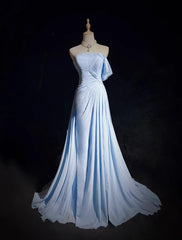 Gorgeous Blue A-line Chiffon Pleated One Shoulder Slit Long Evening Gown Ball Gown Wedding Dress ED01820