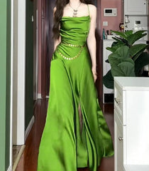 Elegant Green Spaghetti Strap Slit Satin Long Sleeveless Prom Dress Party Pong Evening Dress ED01821