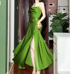 Elegant Green Spaghetti Strap Slit Satin Long Sleeveless Prom Dress Party Pong Evening Dress ED01821