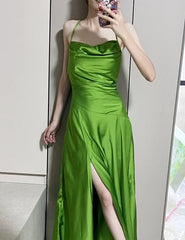 Elegant Green Spaghetti Strap Slit Satin Long Sleeveless Prom Dress Party Pong Evening Dress ED01821