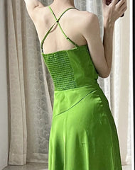 Elegant Green Spaghetti Strap Slit Satin Long Sleeveless Prom Dress Party Pong Evening Dress ED01821