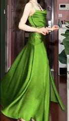 Elegant Green Spaghetti Strap Slit Satin Long Sleeveless Prom Dress Party Pong Evening Dress ED01821