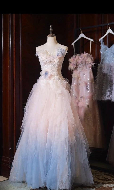 Gradient Color Strapless Tulle A-Line Long Birthday Ball Dress Beautiful Wedding Dress ED01822
