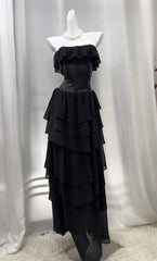 Elegant Black Strapless A-Line Layered Chiffon Long Prom Dress Graduation Prom Dress ED01823