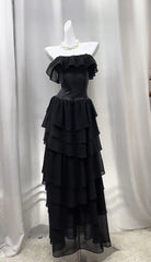 Elegant Black Strapless A-Line Layered Chiffon Long Prom Dress Graduation Prom Dress ED01823