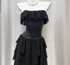 Elegant Black Strapless A-Line Layered Chiffon Long Prom Dress Graduation Prom Dress ED01823