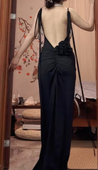 Black Sexy Chiffon Sheath Backless Long Prom Dress Spaghetti Strap Party Dress ED01825