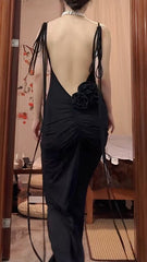 Black Sexy Chiffon Sheath Backless Long Prom Dress Spaghetti Strap Party Dress ED01825