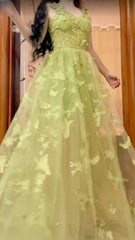 Sweet Green A-Line Tulle Embroidered Butterfly Long Prom Dress Adult Ceremony Birthday Dress Graduation Prom Dress ED01826