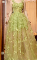 Sweet Green A-Line Tulle Embroidered Butterfly Long Prom Dress Adult Ceremony Birthday Dress Graduation Prom Dress ED01826