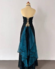 Vintage Strapless Blue Satin Sleeveless Black Tulle Beaded Ball Dress Birthday Evening Dress ED01828