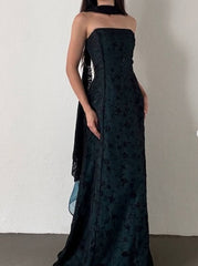 Vintage Strapless Blue Satin Sleeveless Black Tulle Beaded Ball Dress Birthday Evening Dress ED01828