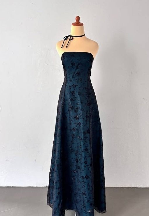 Vintage Strapless Blue Satin Sleeveless Black Tulle Beaded Ball Dress Birthday Evening Dress ED01828