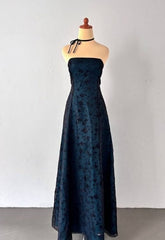 Vintage Strapless Blue Satin Sleeveless Black Tulle Beaded Ball Dress Birthday Evening Dress ED01828