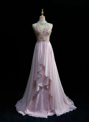 Gorgeous Pink A-Line Tulle High Neck Chiffon Long Beaded Backless Prom Dress Retro Wedding Birthday Dress ED01829