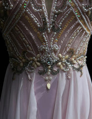 Gorgeous Pink A-Line Tulle High Neck Chiffon Long Beaded Backless Prom Dress Retro Wedding Birthday Dress ED01829