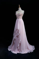 Gorgeous Pink A-Line Tulle High Neck Chiffon Long Beaded Backless Prom Dress Retro Wedding Birthday Dress ED01829